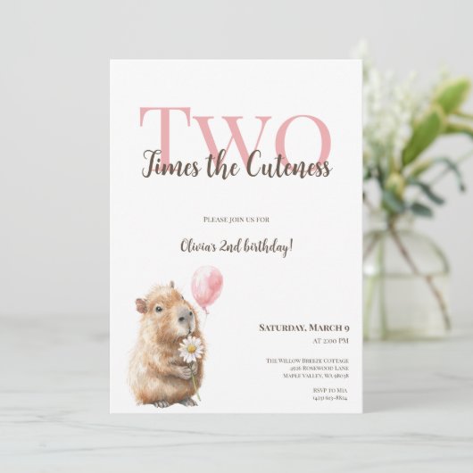 Capybara Second Birthday Invitation • Woodland Gir (Staand voorkant)