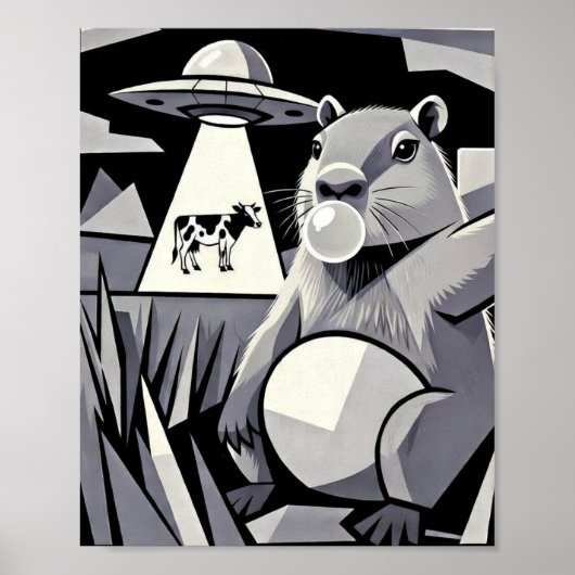 Capybara Selfie UFO Cow Abduction Cubist Art Poster (Voorkant)