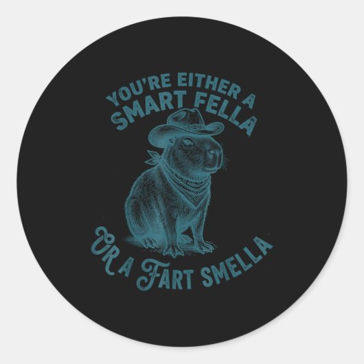 Capybara Smart Fella Fart Smella Funny Cowboy Humo Ronde Sticker (Voorkant)