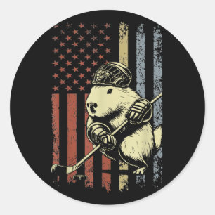 Capybara speelt hockey Amerikaanse vlag Capybara H Ronde Sticker