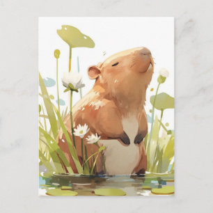 Capybara Staand in Vijver met Witte Waterlelie Briefkaart