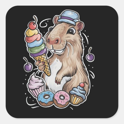 Capybara Sweets Donuts Cupcakes snoepjes Vierkante Sticker (Voorkant)