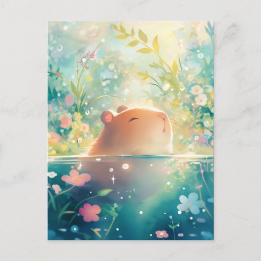 Capybara Swimming in Magical Wildflower Pond Briefkaart (Voorkant)