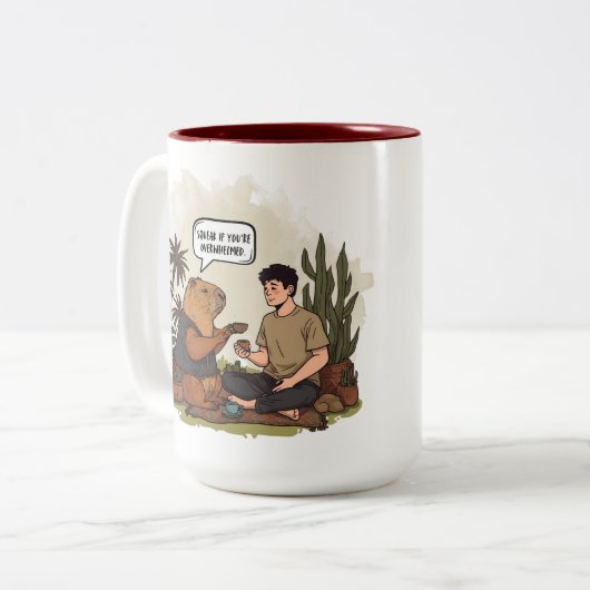 Capybara therapie tijd piepen als je overweldigd b tweekleurige koffiemok (Voorkant links)