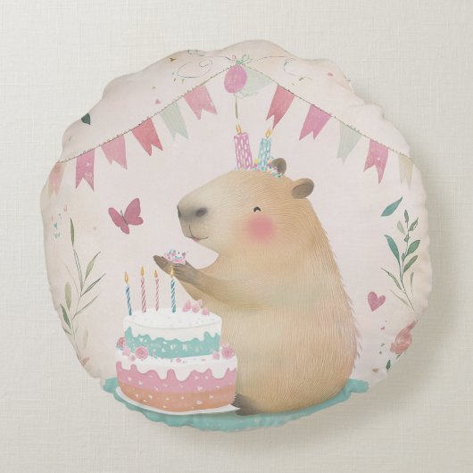 Capybara Verjaardag Bash Ronde Sierkussen Rond Kussen (Achterkant)