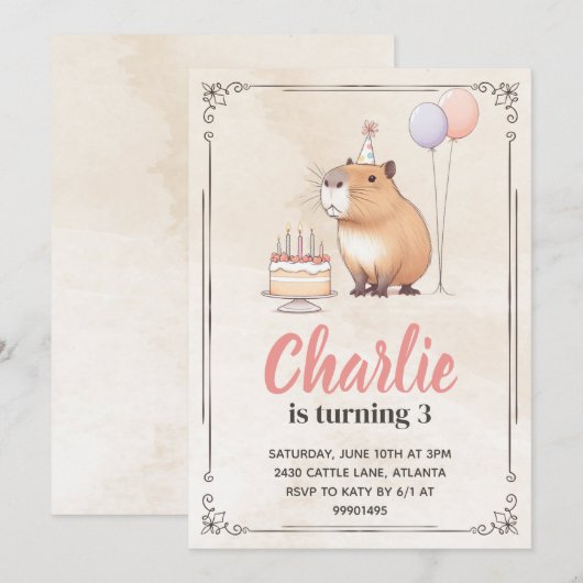 Capybara verjaardagsuitnodiging kaart (Voorkant / Achterkant)