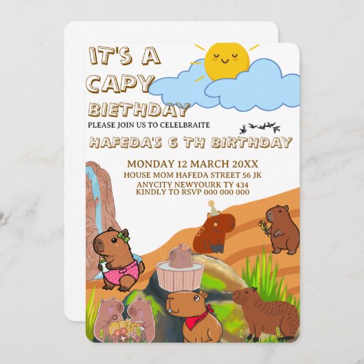 Capybara Verjaardagsuitnodiging, Schattigee Bloeme Kaart (Voorkant / Achterkant)