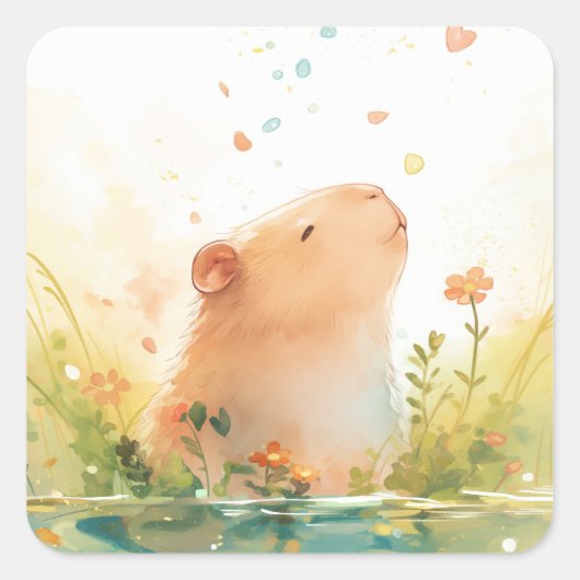 Capybara Water Garden Vierkante Sticker (Voorkant)