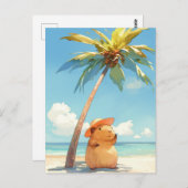 Capybara Wearing Sun Hat on Tropical Summer Beach Briefkaart (Voorkant / Achterkant)