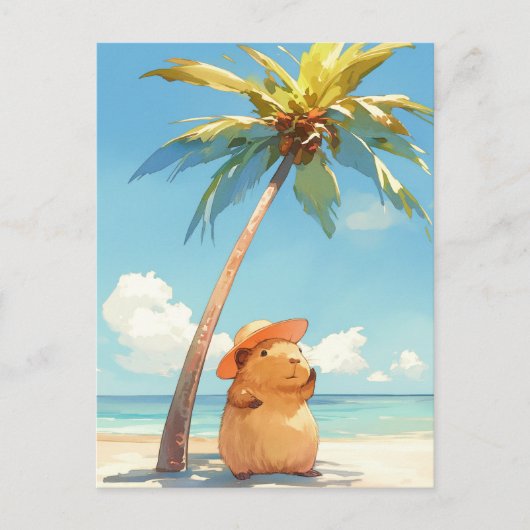 Capybara Wearing Sun Hat on Tropical Summer Beach Briefkaart (Voorkant)