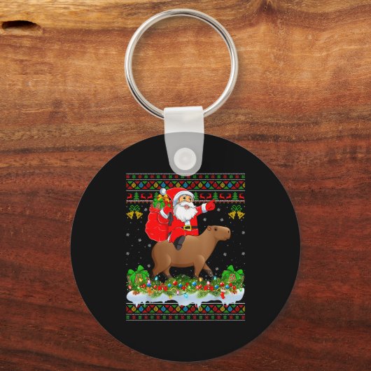Capybara Xmas Pajamas Ugly Santa Riding Capybara C Sleutelhanger (Voorkant)