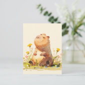 Capybara zittend in een gele wildebloementuin briefkaart (Staand voorkant)