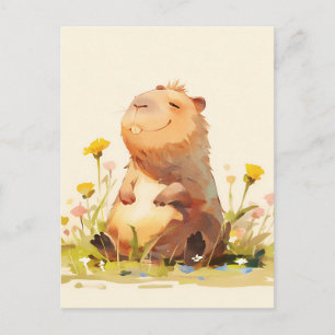 Capybara zittend in een gele wildebloementuin briefkaart