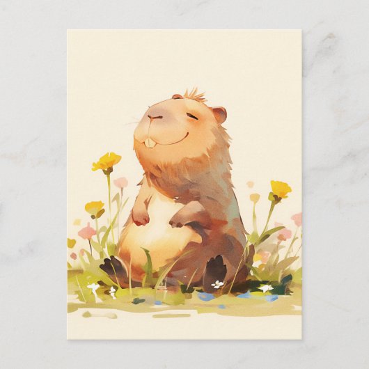 Capybara zittend in een gele wildebloementuin briefkaart (Voorkant)