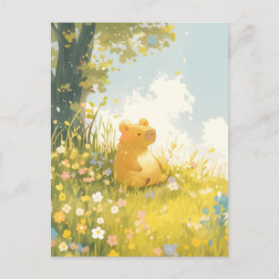 Capybara zittend in weide met wilde bloemen onder  briefkaart