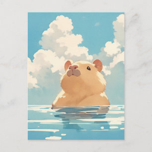 Capybara Zwemt in Blauwe Water onder Witte Wolken Briefkaart