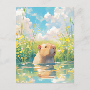 Capybara Zwemt in Zonnige Bloemenweide Vijver Briefkaart
