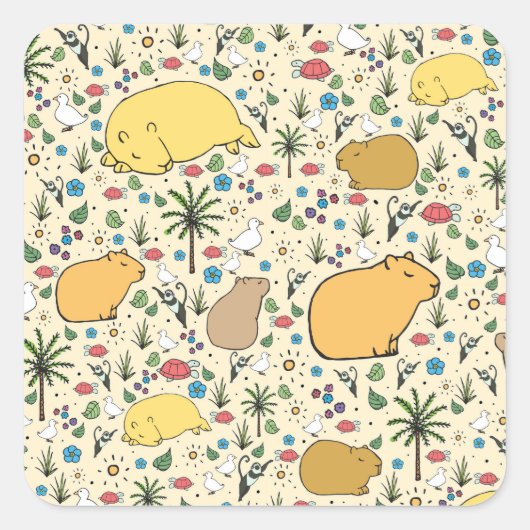 Capybaras in Geel Vierkante Sticker (Voorkant)
