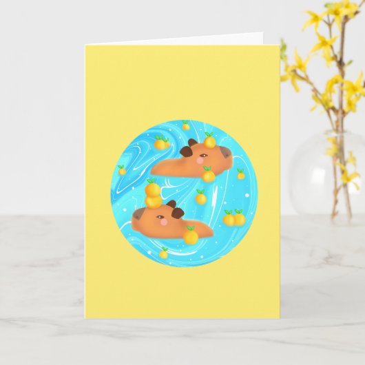 Capybaras in water met Sinaasappels Kaart (Gele Bloem)