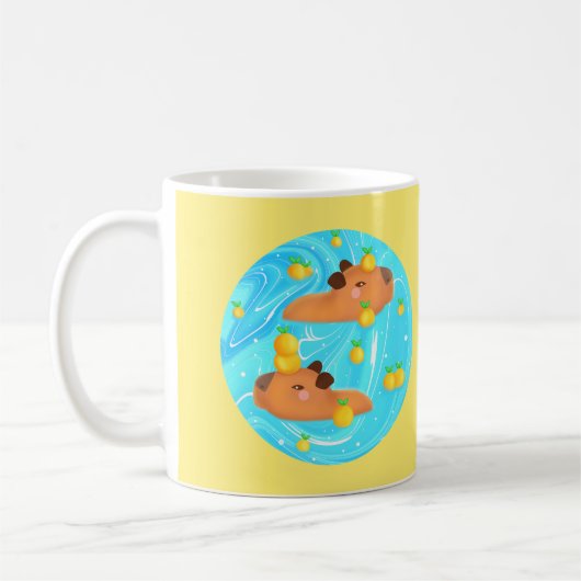 Capybaras in water met Sinaasappels Koffiemok (Links)
