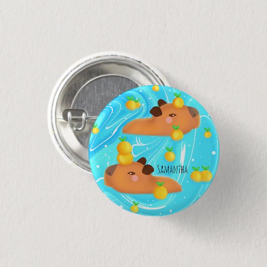 Capybaras in water met Sinaasappels Ronde Button 3,2 Cm (Voorkant /achterkant)