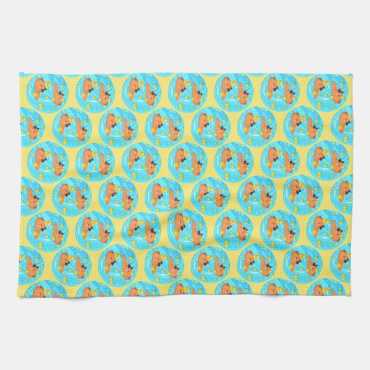 Capybaras in water met Sinaasappels Theedoek (Horizontaal)