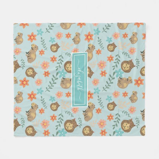 Capybaras met bloemen groen Aangepaste naam Fleece Deken (Voorkant (Horizontaal))