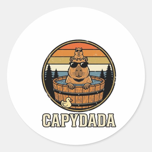 Capydada Capybara Vader Retro Bubbelbad Vectorontw Ronde Sticker (Voorkant)