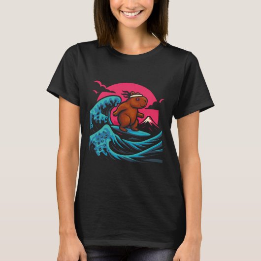 Capyra Riding Waves Under Pink Sky Funny Summer Te T-shirt (Voorkant)