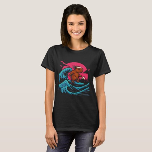 Capyra Riding Waves Under Pink Sky Funny Summer Te T-shirt (Voorkant volledig)