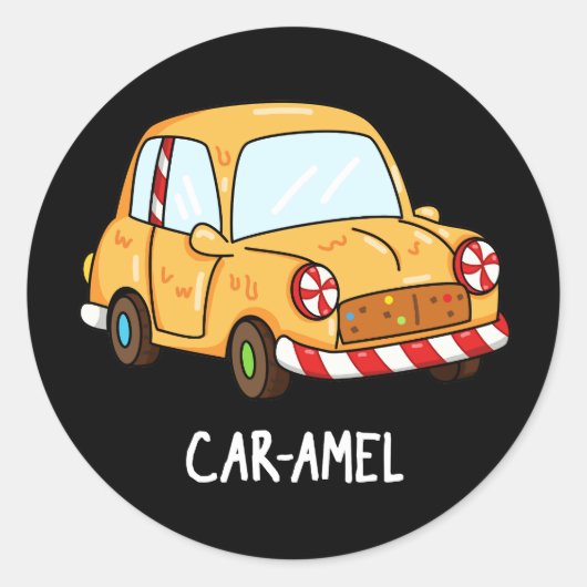 Car-amel Funny Snoep Car Pun Dark BG Ronde Sticker (Voorkant)