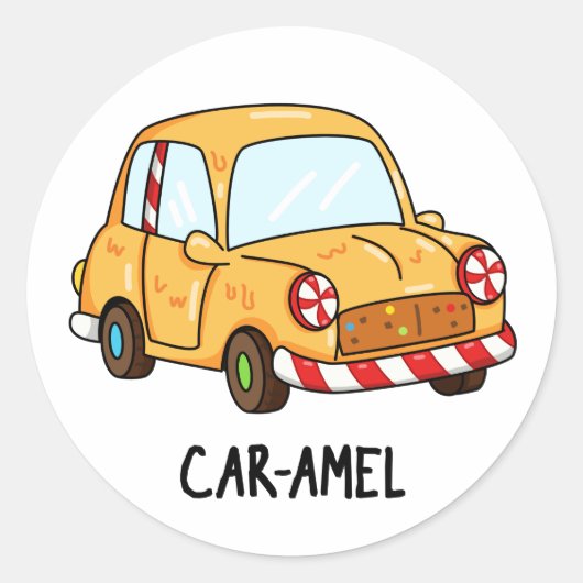 Car-amel Funny Snoep Car Pun Ronde Sticker (Voorkant)