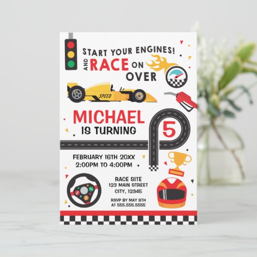 Car Racing  Birthday kid Invitation Kaart (Staand voorkant)