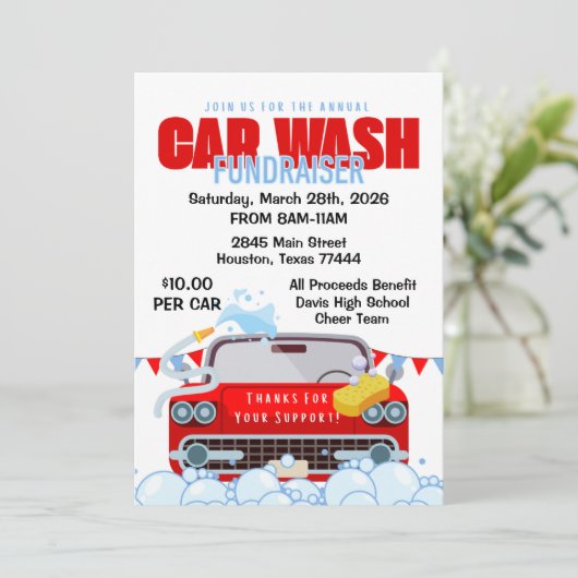 Car Wash Fundraiser Uitnodiging (Staand voorkant)
