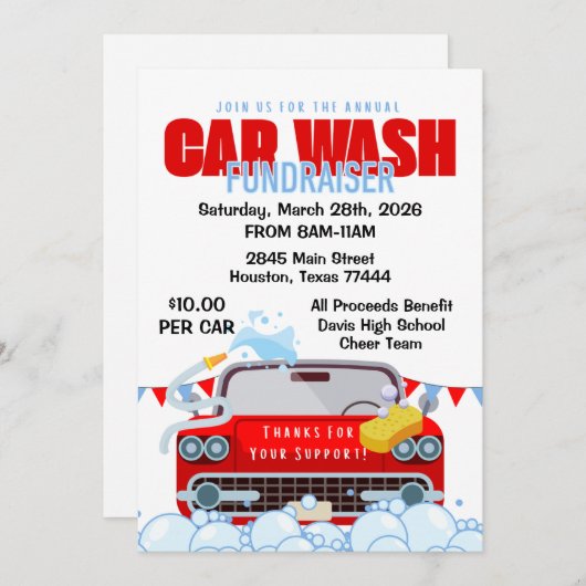 Car Wash Fundraiser Uitnodiging (Voorkant / Achterkant)