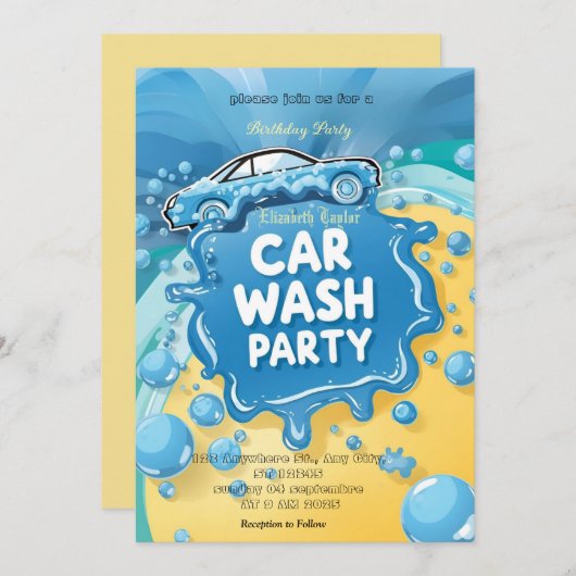Car Wash party Invitation – Suds Celebration Kaart (Voorkant / Achterkant)