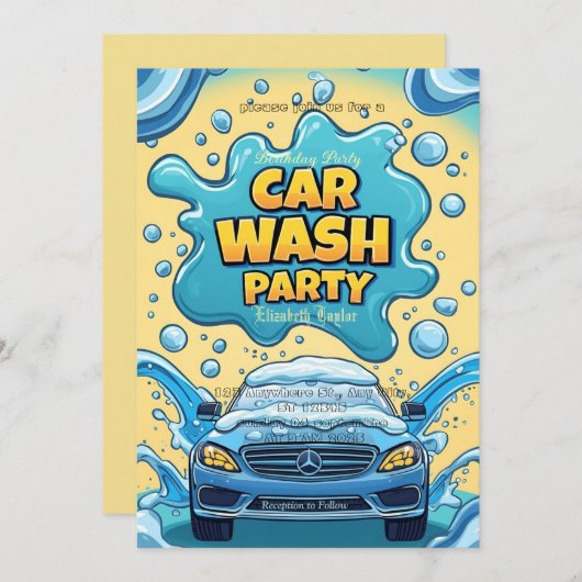 Car Wash party Invitation – Suds Celebration Kaart (Voorkant / Achterkant)