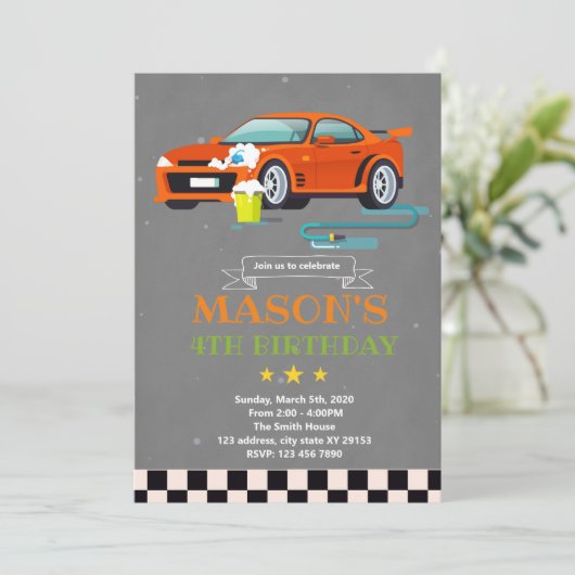 Car wash thema verjaardag thema uitnodiging (Staand voorkant)