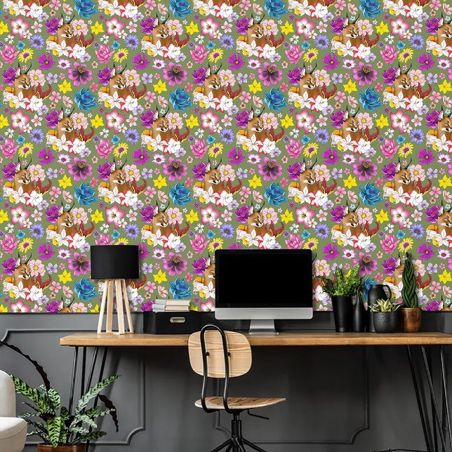 Caracal Wild Cat Floral Green Behang (Creator heeft geüpload)