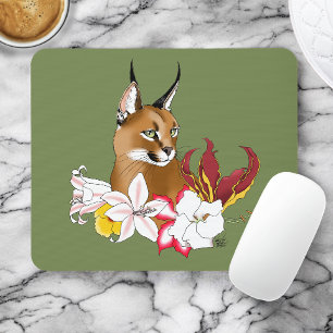 Caracal Wild Cat Floral Green Muismat