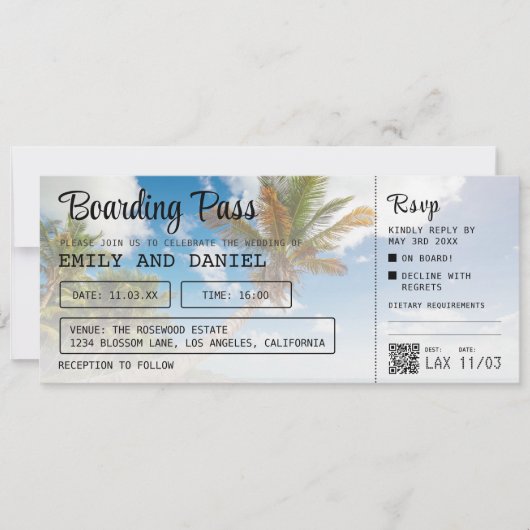 Caraïbisch Bestemming Boarding Pass Bruiloft Kaart (Voorkant)