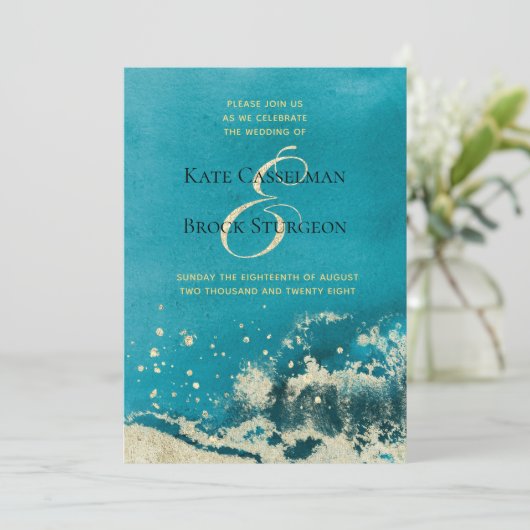 Caraïbisch blauw Zee gouden kust Moderne bruiloft Kaart (Staand voorkant)