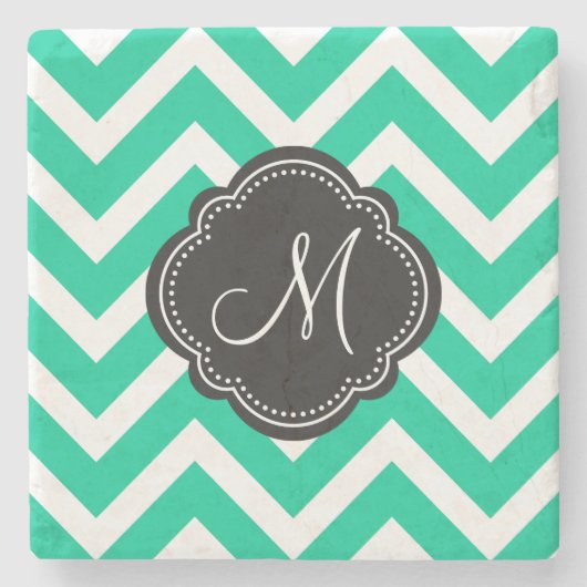 Caraïbisch Groene Chevron Pattern met Monogram Stenen Onderzetter (Voorkant)
