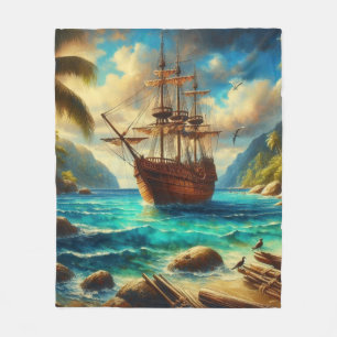 Caraïbisch/tropisch strandschip kunst fleece deken