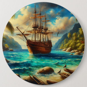 Caraïbisch/tropisch strandschip kunst ronde button 6,0 cm