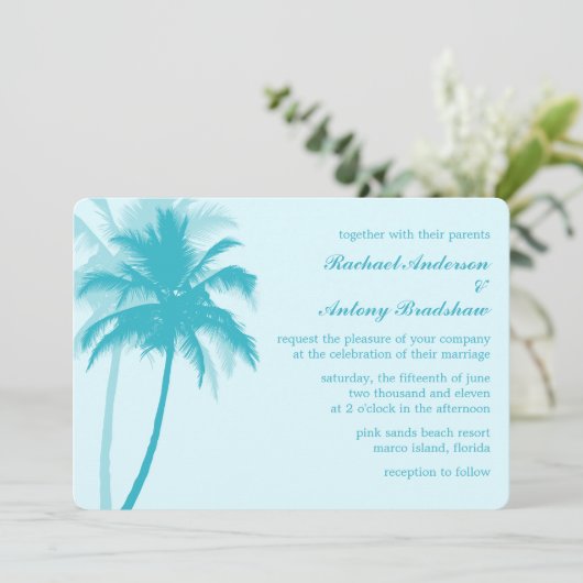 Caraïbische blauwe palmbomen Tropische bruiloft Kaart (Staand voorkant)