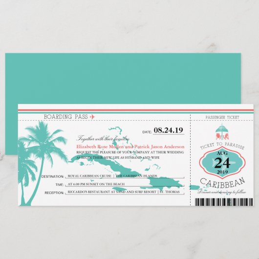 Caraïbische Eilanden Boarding Pass bruiloft Kaart (Voorkant / Achterkant)