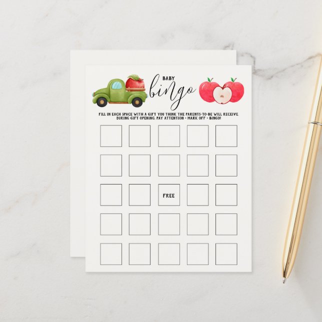 Caramel Apple Red Baby shower Baby Bingo Game (Voorkant / Achterkant in situ)