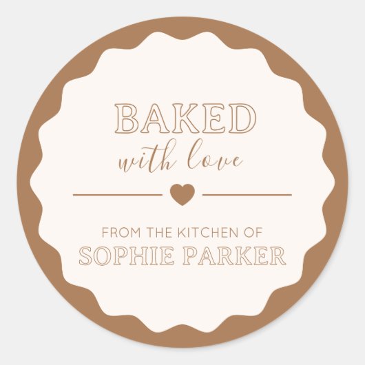 Caramel Brown Baked With Love Scallop Sticker (Voorkant)