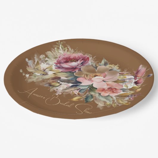 Caramel Bruin Roze Perzik Bourgogne Bloemendouche Papieren Bordje (Gekanteld)